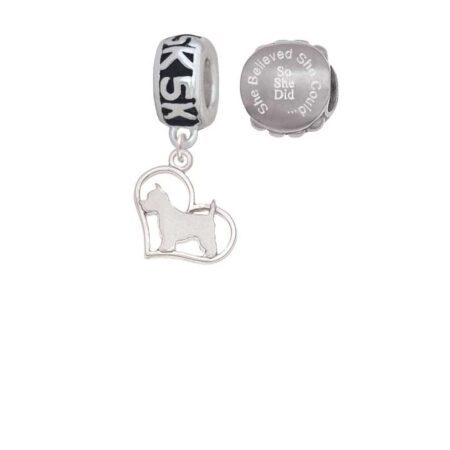 Silvertone Westie Silhouette Heart 5K Run She Believed She Could Charm Beads (Set of 2)