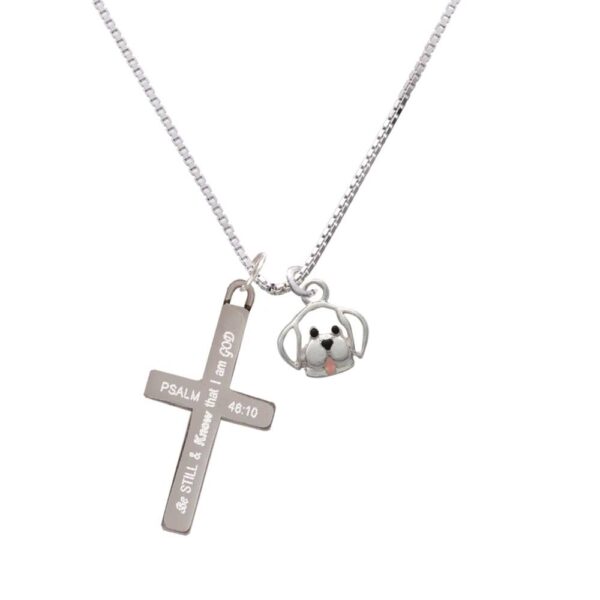 Small Outline Dog Face - Be Still and Know - Cross Necklace