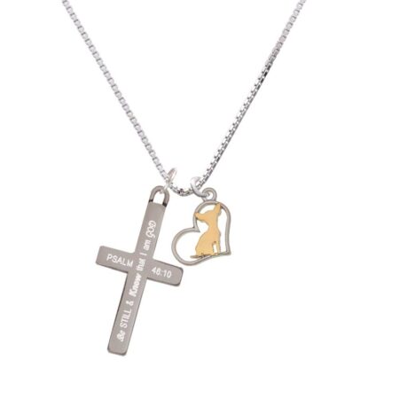 Two Tone Chihuahua Silhouette Heart - Be Still and Know - Cross Necklace