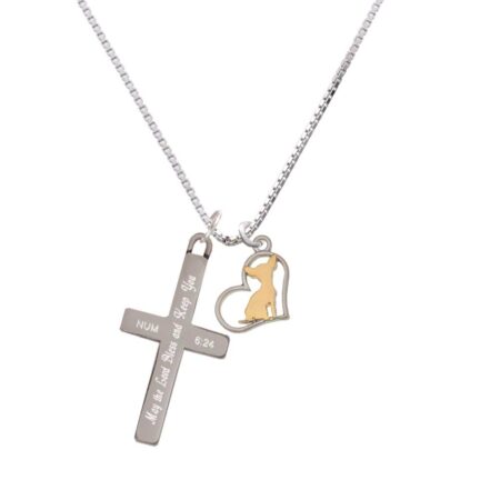 Two Tone Chihuahua Silhouette Heart - Bless and Keep You - Cross Necklace