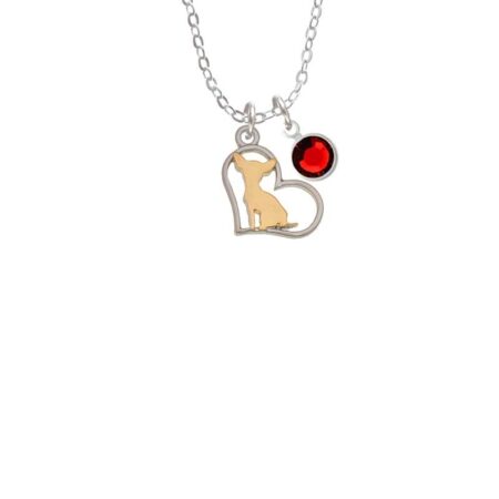 Two Tone Chihuahua Silhouette Heart Necklace with Red Crystal Drop