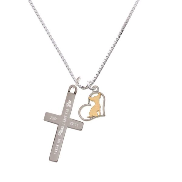 Two Tone Chihuahua Silhouette Heart - Plans I Have for You - Cross Necklace