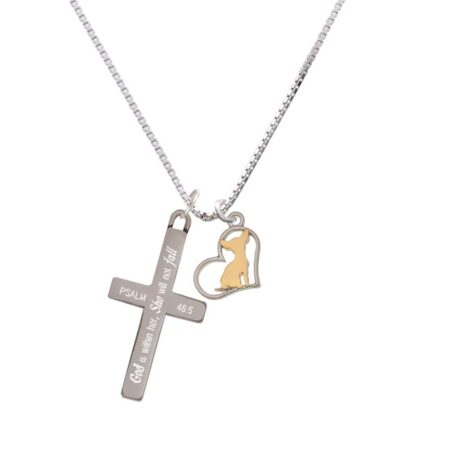 Two Tone Chihuahua Silhouette Heart - She will not Fall - Cross Necklace