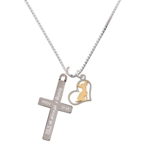 Two Tone Chihuahua Silhouette Heart - Strength and Dignity - Cross Necklace