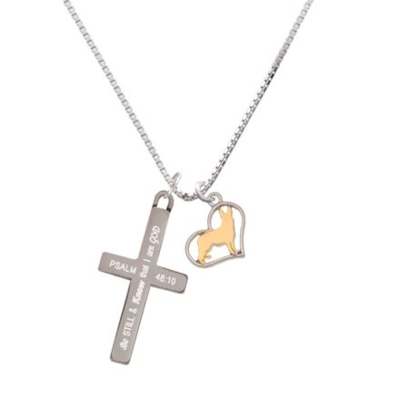 Two Tone German Shepard Silhouette Heart - Be Still and Know - Cross Necklace