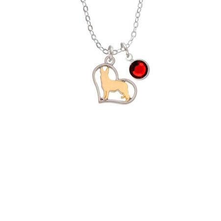 Two Tone German Shepard Silhouette Heart Necklace with Red Crystal Drop