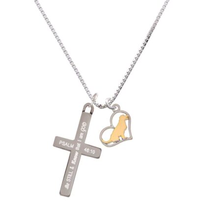 Two Tone Labrador Silhouette Heart - Be Still and Know - Cross Necklace