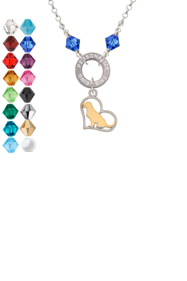 Two Tone Labrador Silhouette Heart Custom Engraved Name Ring Crystal Necklace