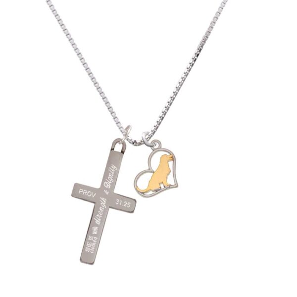 Two Tone Labrador Silhouette Heart - Strength and Dignity - Cross Necklace