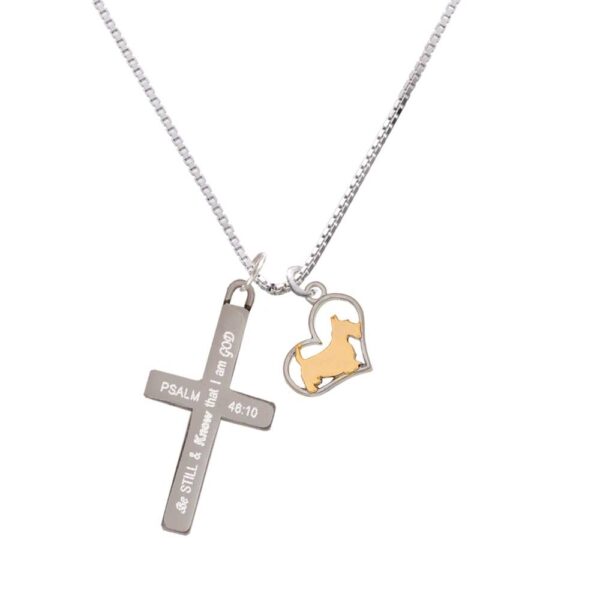 Two Tone Scottie Dog Silhouette Heart - Be Still and Know - Cross Necklace