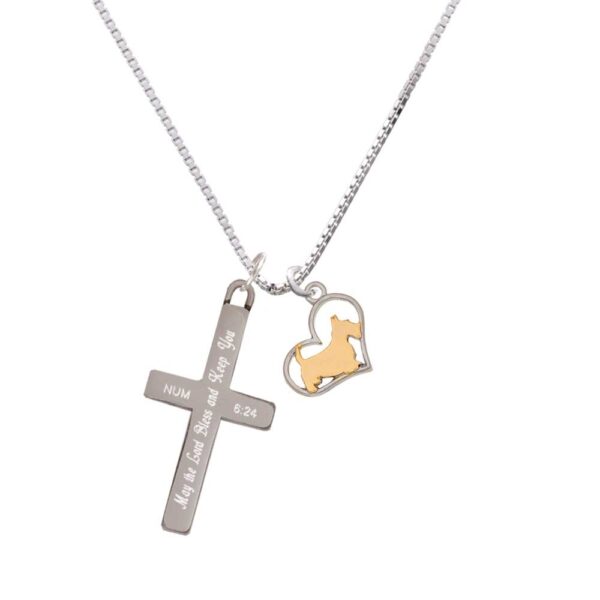 Two Tone Scottie Dog Silhouette Heart - Bless and Keep You - Cross Necklace