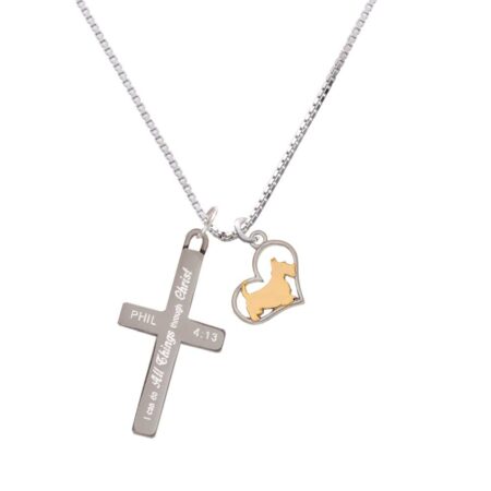 Two Tone Scottie Dog Silhouette Heart - I Can Do All Things - Cross Necklace