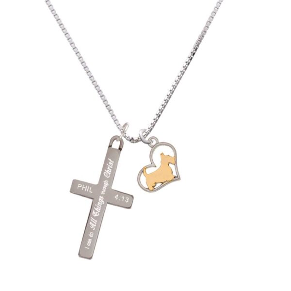 Two Tone Scottie Dog Silhouette Heart - I Can Do All Things - Cross Necklace