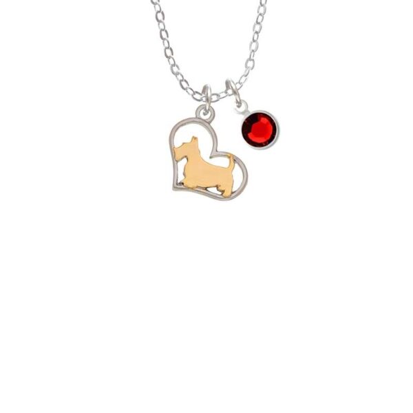 Two Tone Scottie Dog Silhouette Heart Necklace with Red Crystal Drop