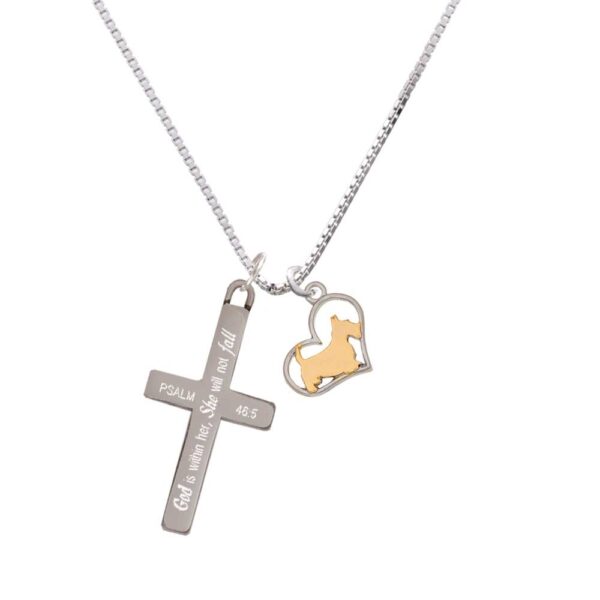 Two Tone Scottie Dog Silhouette Heart - She will not Fall - Cross Necklace