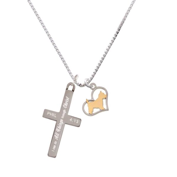 Two Tone Westie Silhouette Heart - I Can Do All Things - Cross Necklace
