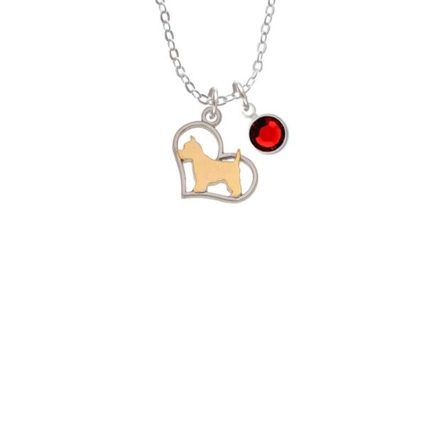 Two Tone Westie Silhouette Heart Necklace with Red Crystal Drop