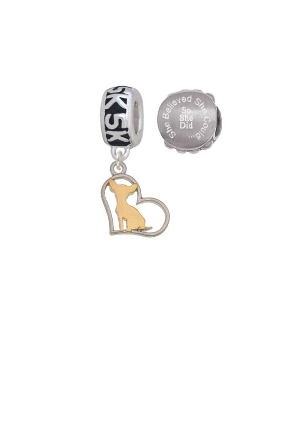 Two-tone Chihuahua Silhouette Heart 5K Run She Believed She Could Charm Beads (Set of 2)