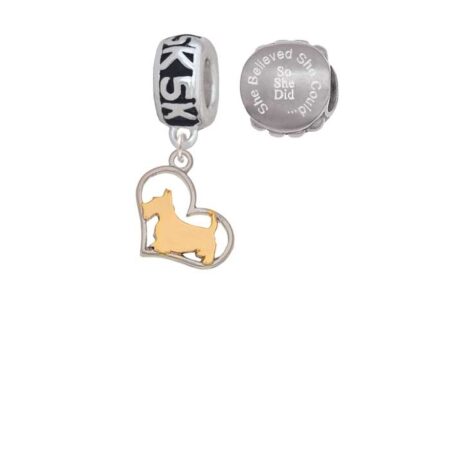 Two-tone Scottie Dog Silhouette Heart 5K Run She Believed She Could Charm Beads (Set of 2)