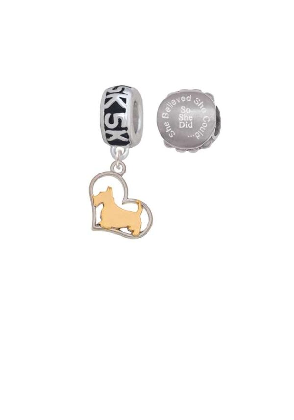 Two-tone Scottie Dog Silhouette Heart 5K Run She Believed She Could Charm Beads (Set of 2)