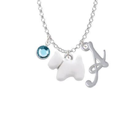 White Westie Dog - Script Initial and Crystal Charm Necklace