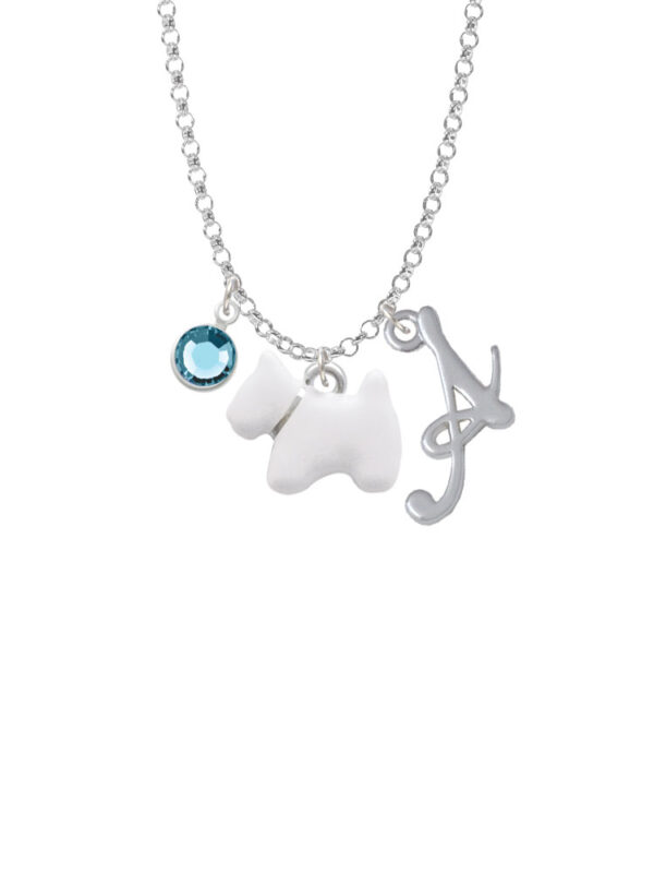 White Westie Dog - Script Initial and Crystal Charm Necklace